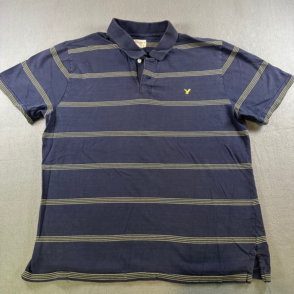 American Eagle Men Polo Shirt Large Navy Blue Yellow Striped Short Sleeve Cotton